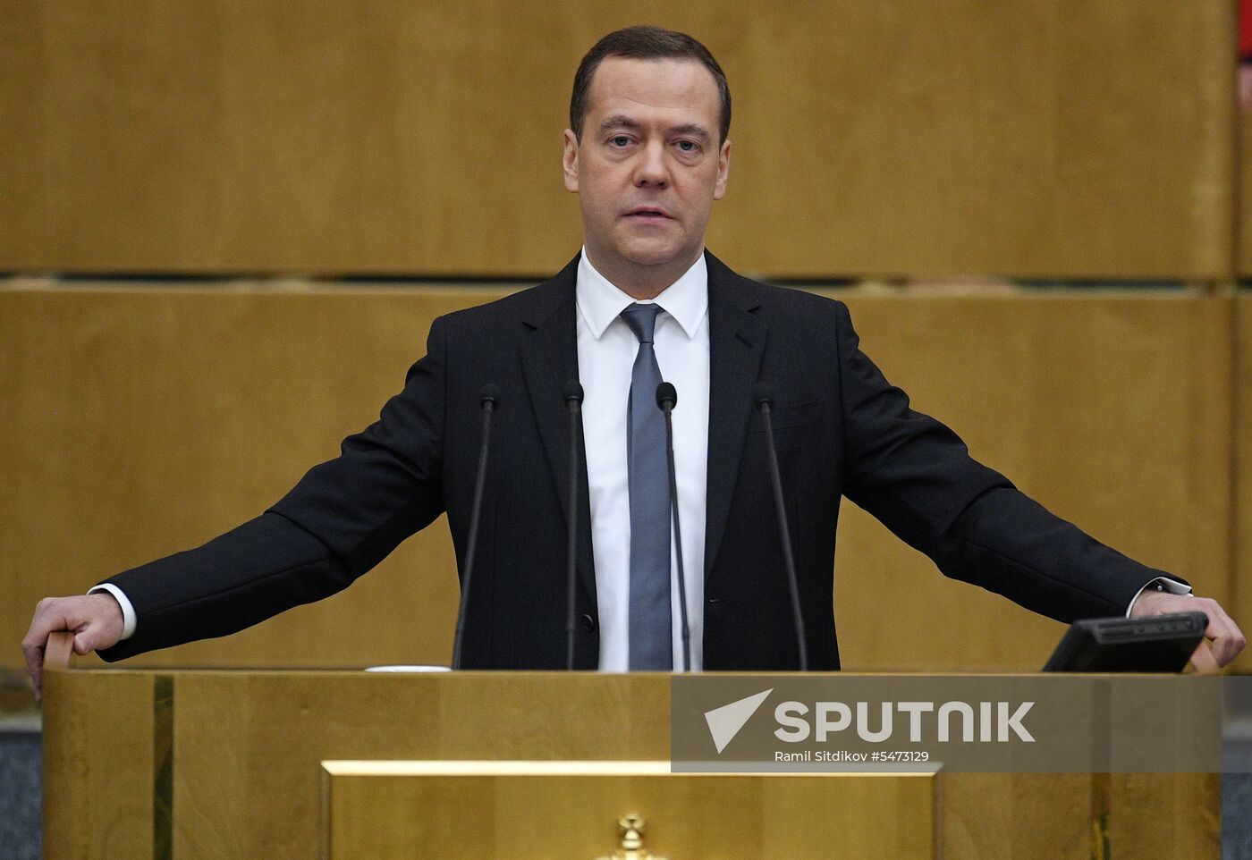 Prime Minister Dmitry Medvedev speaks at State Duma