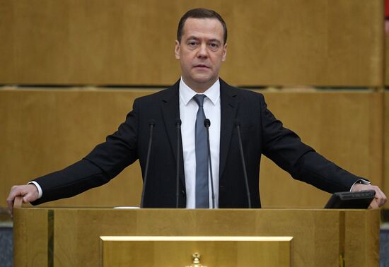 Prime Minister Dmitry Medvedev speaks at State Duma