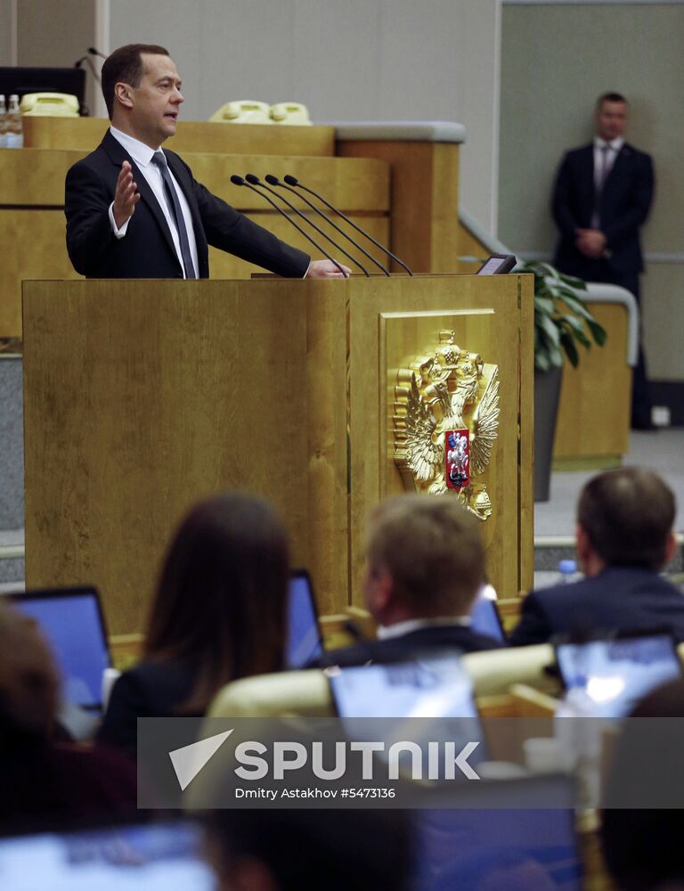 Prime Minister Dmitry Medvedev speaks at State Duma