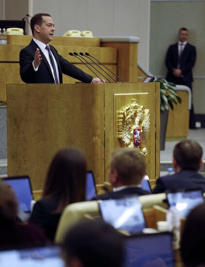 Prime Minister Dmitry Medvedev speaks at State Duma