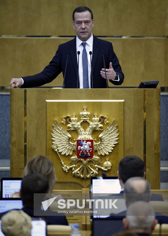 Prime Minister Dmitry Medvedev speaks at State Duma