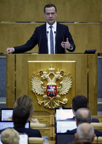 Prime Minister Dmitry Medvedev speaks at State Duma