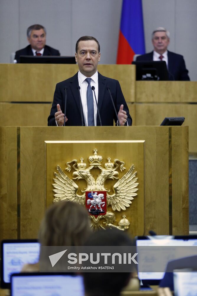 Prime Minister Dmitry Medvedev speaks at State Duma