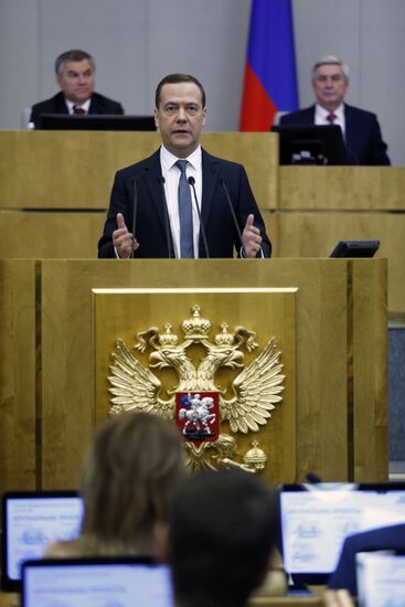 Prime Minister Dmitry Medvedev speaks at State Duma