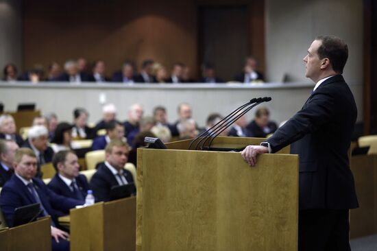 Prime Minister Dmitry Medvedev speaks at State Duma