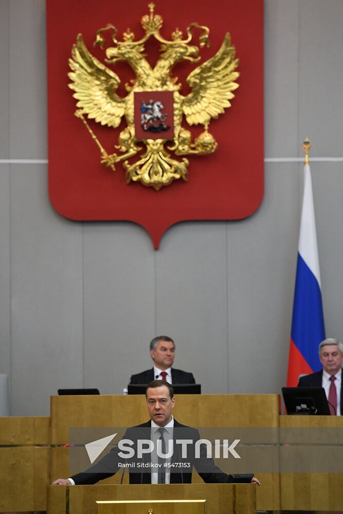 Prime Minister Dmitry Medvedev speaks at State Duma