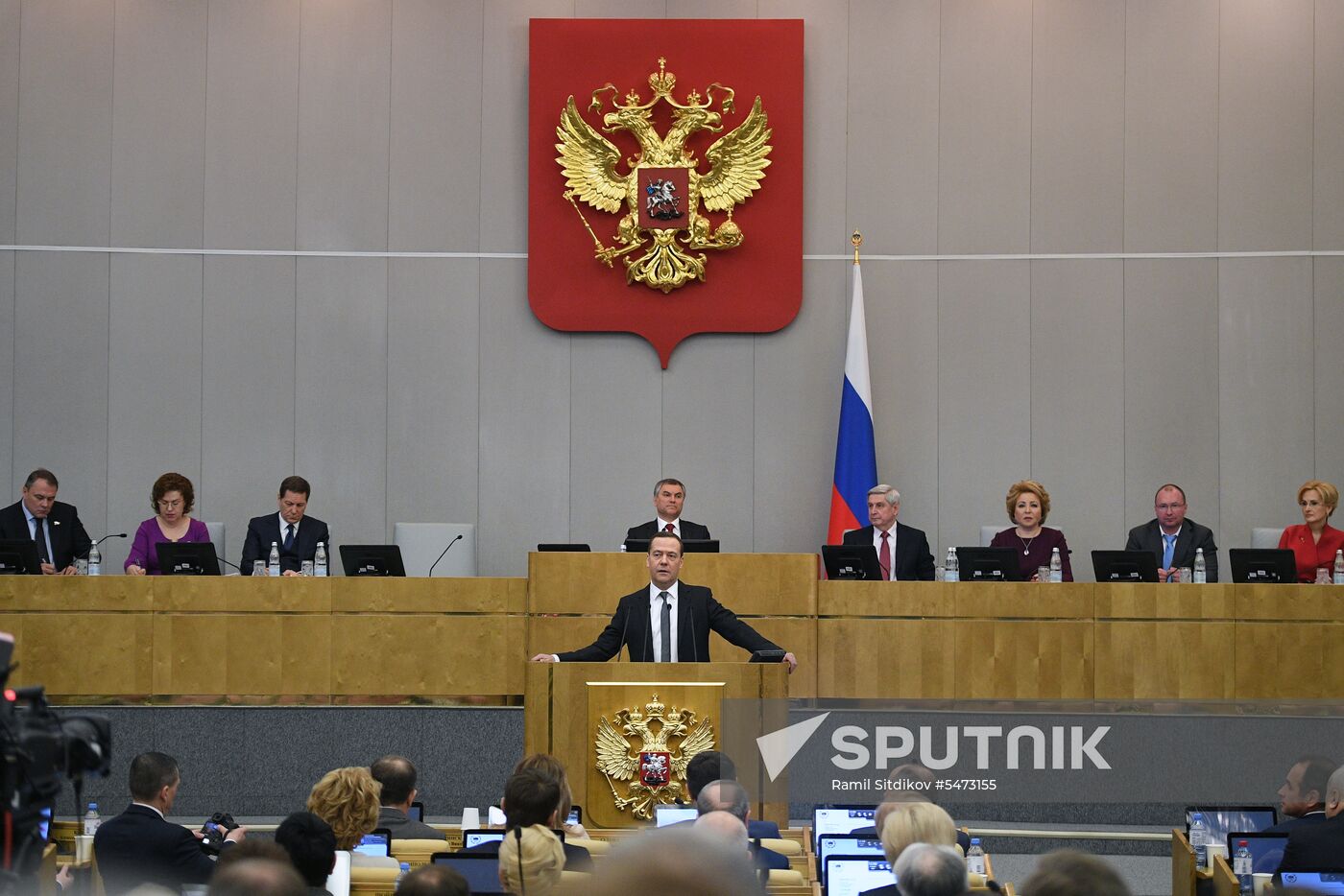 Prime Minister Dmitry Medvedev speaks at State Duma