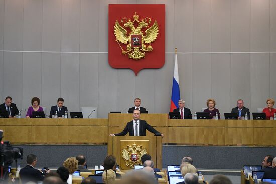 Prime Minister Dmitry Medvedev speaks at State Duma