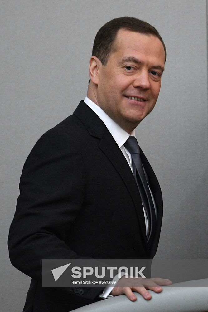 Prime Minister Dmitry Medvedev speaks at State Duma