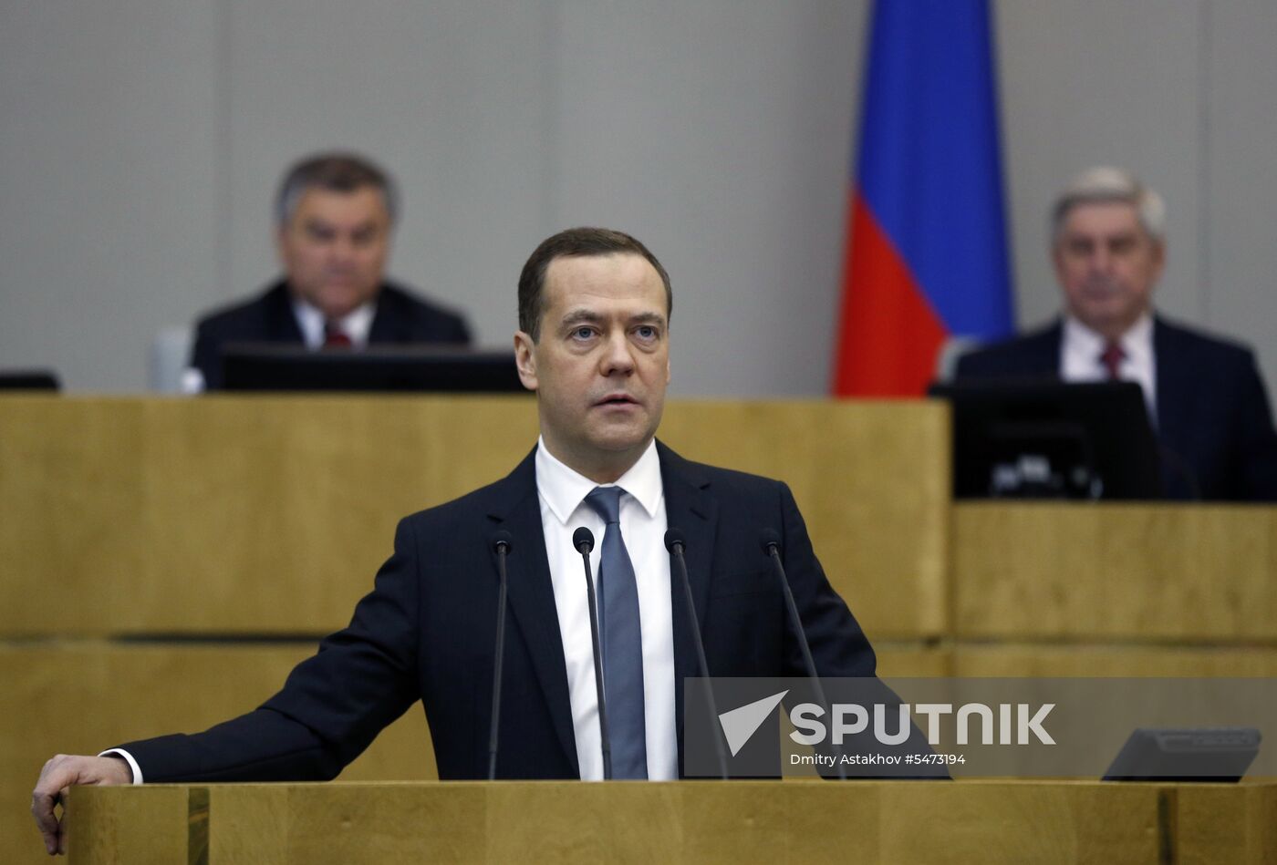 Prime Minister Dmitry Medvedev speaks at State Duma