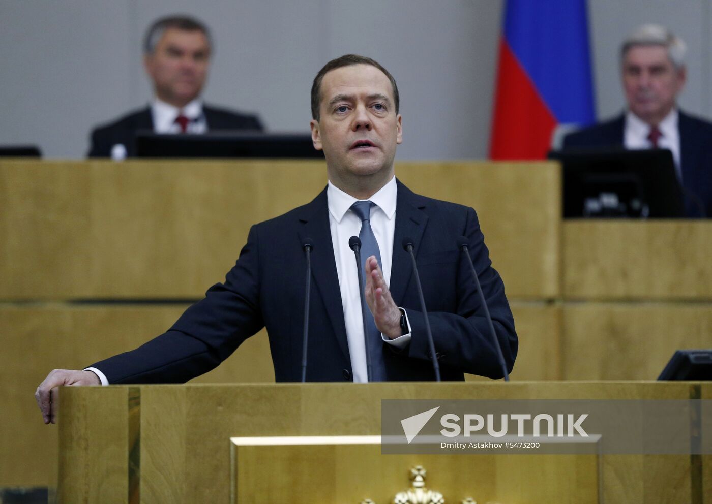 Prime Minister Dmitry Medvedev speaks at State Duma