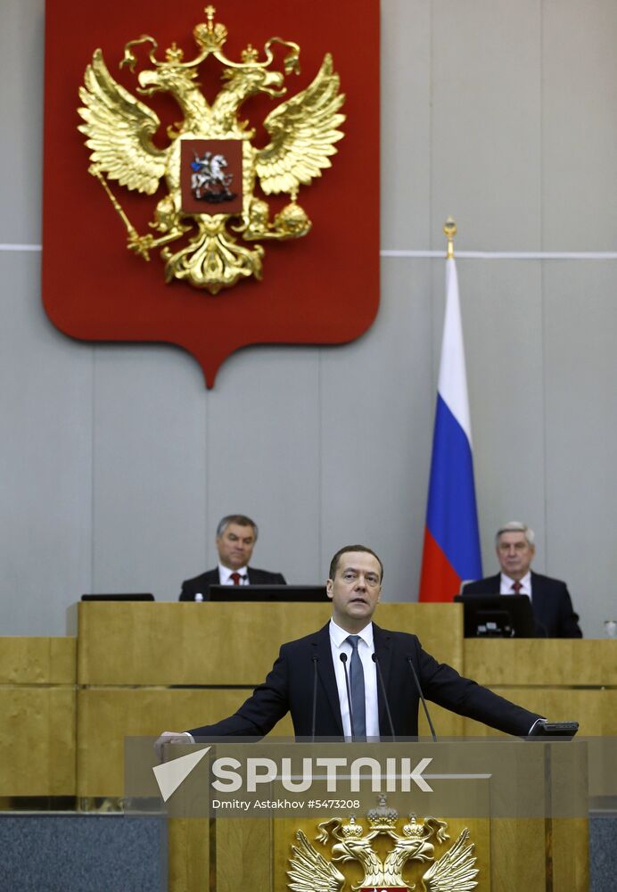 Prime Minister Dmitry Medvedev speaks at State Duma