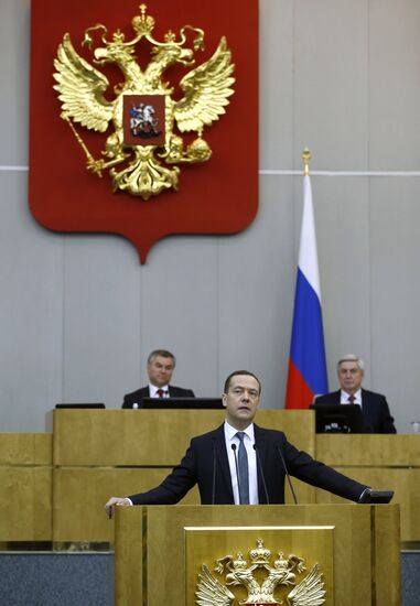 Prime Minister Dmitry Medvedev speaks at State Duma