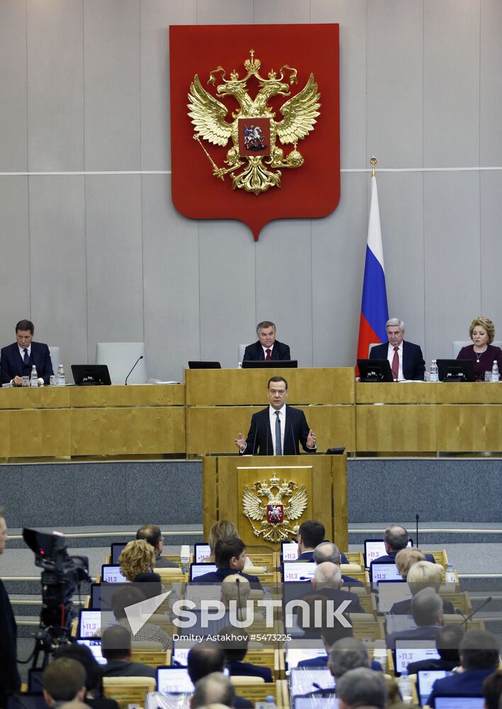 Prime Minister Dmitry Medvedev speaks at State Duma
