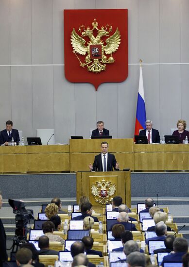 Prime Minister Dmitry Medvedev speaks at State Duma