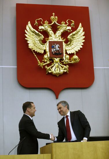 Prime Minister Dmitry Medvedev speaks at State Duma