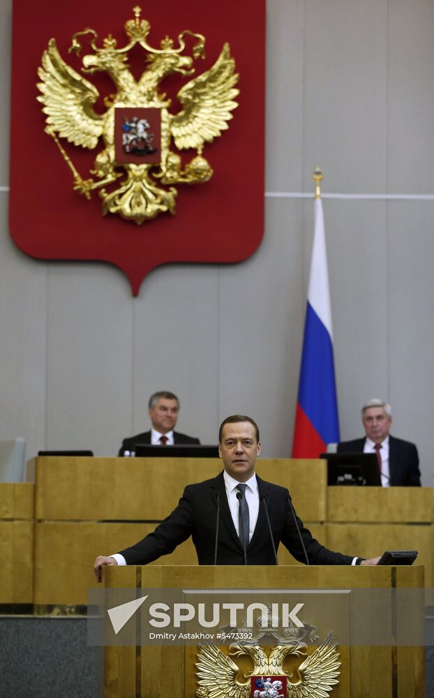 Prime Minister Dmitry Medvedev speaks at State Duma