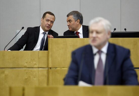 Prime Minister Dmitry Medvedev speaks at State Duma