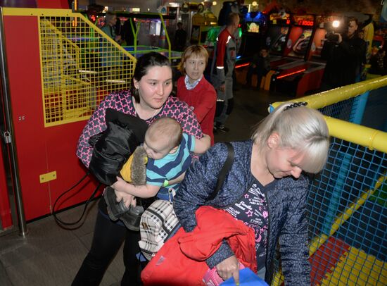 Evacuation tactics and simulated firefighting drill in Yuzhny Park shopping mall in Khabarovsk