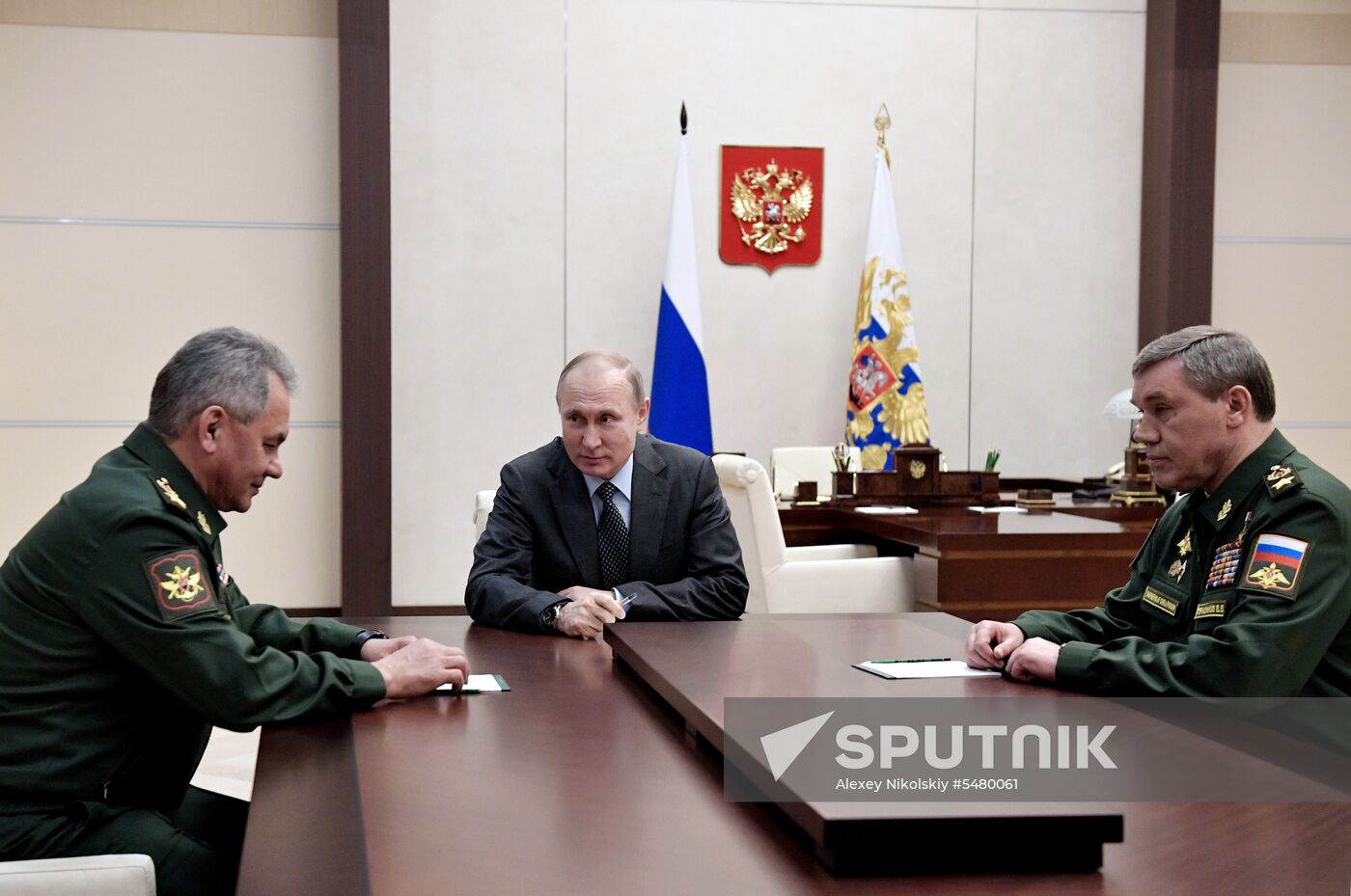 President Vladimir Putin holds meeting with chiefs of Defense Ministry and General Staff of Russian Armed Forces S. Shoigu and V. Gerasimov