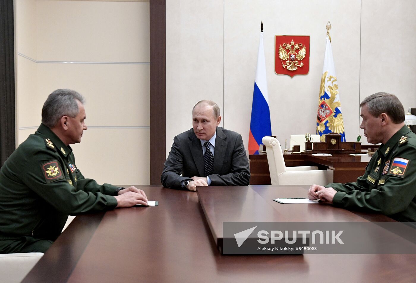 President Vladimir Putin holds meeting with chiefs of Defense Ministry and General Staff of Russian Armed Forces S. Shoigu and V. Gerasimov