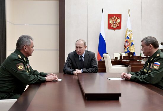 President Vladimir Putin holds meeting with chiefs of Defense Ministry and General Staff of Russian Armed Forces S. Shoigu and V. Gerasimov