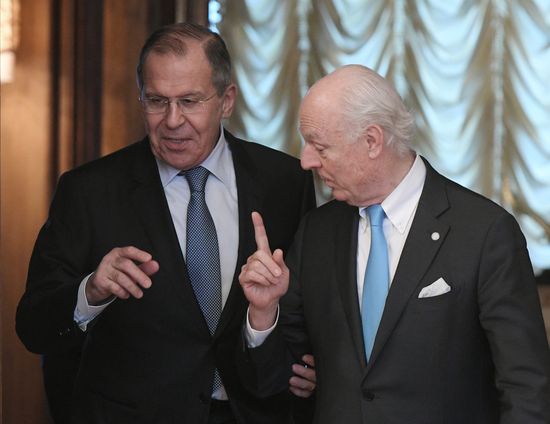 Russian Foreign Minister Sergei Lavrov meets with UN's Special Envoy for Syria Staffan de Mistura