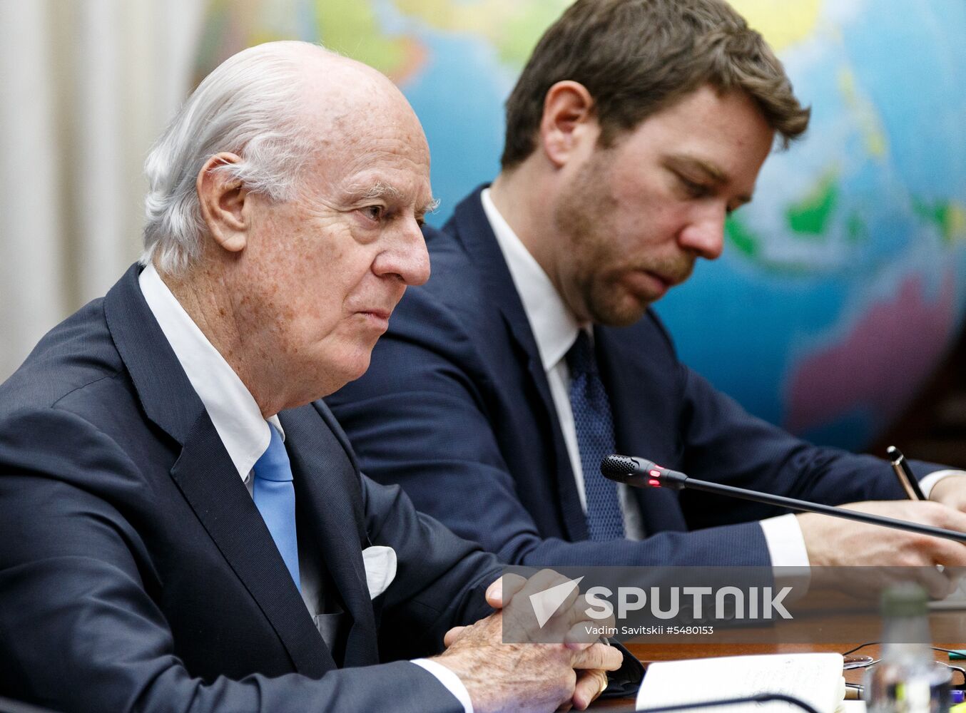 UN Special Envoy for Syria Staffan de Mistura, left, during a meeting with Russian Defense Minister Sergei Shoigu in Moscow. Location: Russia, Moscow. Author: Vadim Savitskii/Sputnik. Russian Defense Minister Sergei Shoigu meets with UN Special Envoy for Syria Staffan de Mistura