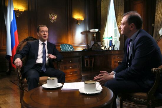 Prime Minister Dmitry Medvedev gives interview to 'Saturday News' anchor Sergei Brilev
