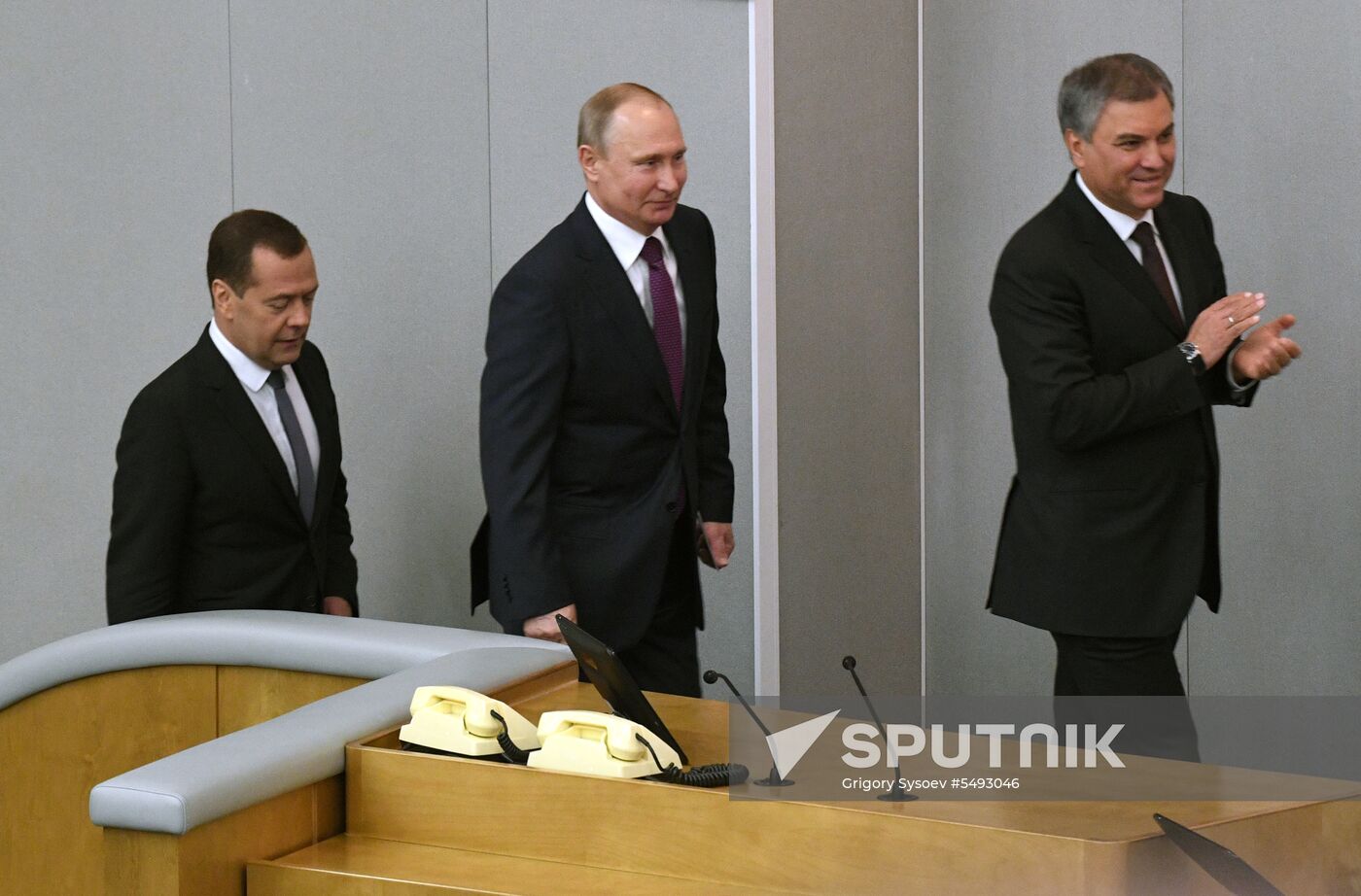 Russian President Vladimir Putin and candidate for Prime Minister Dmitry Medvedev attend State Duma plenary meeting