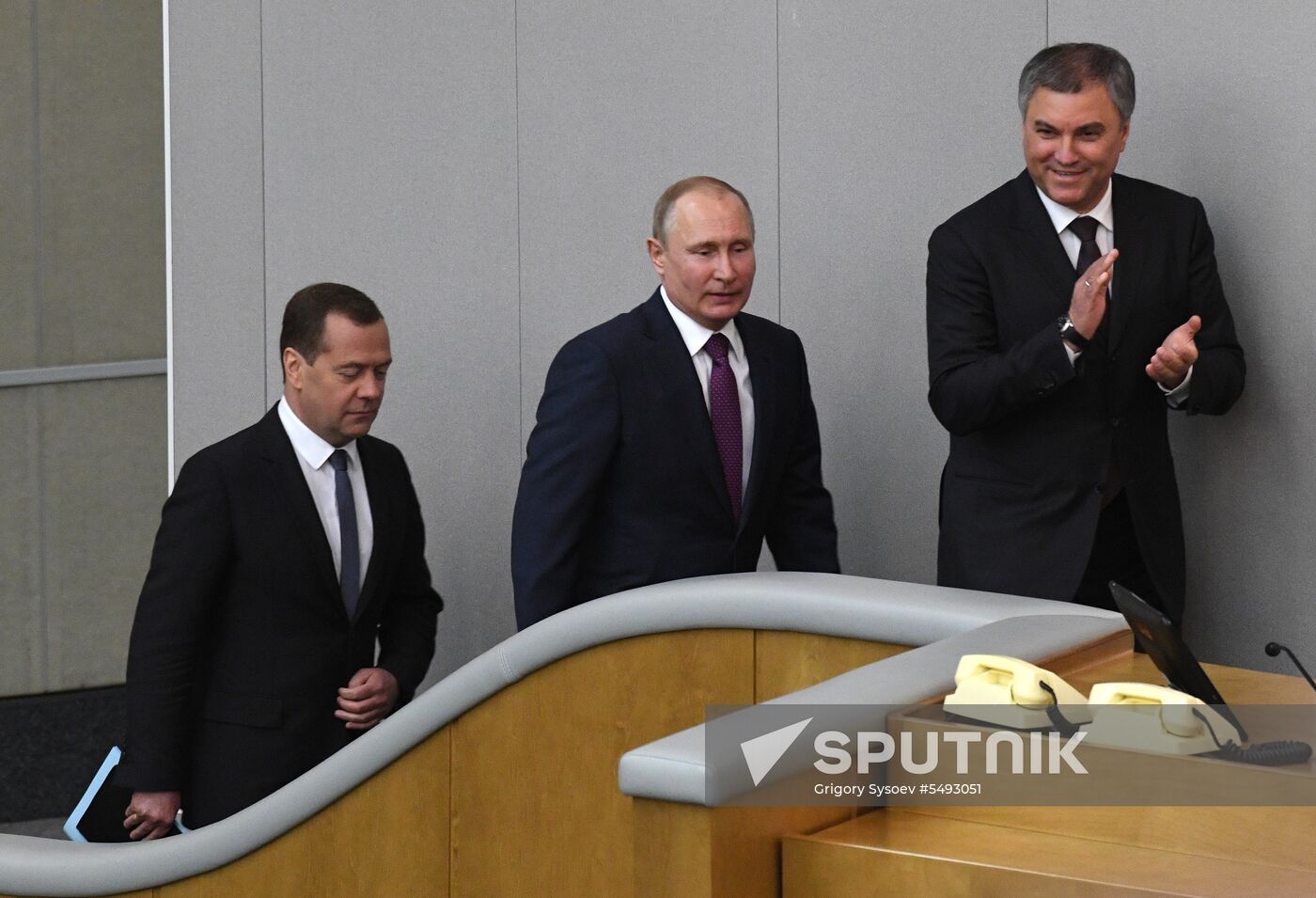 Russian President Vladimir Putin and candidate for Prime Minister Dmitry Medvedev attend State Duma plenary meeting