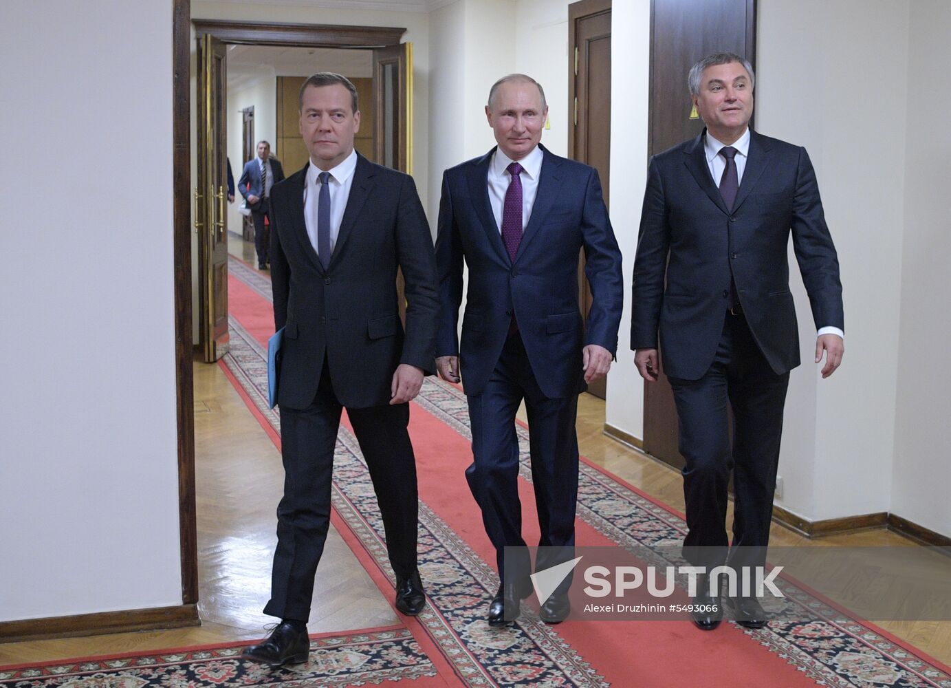 Russian President Vladimir Putin and candidate for Prime Minister Dmitry Medvedev attend State Duma plenary meeting