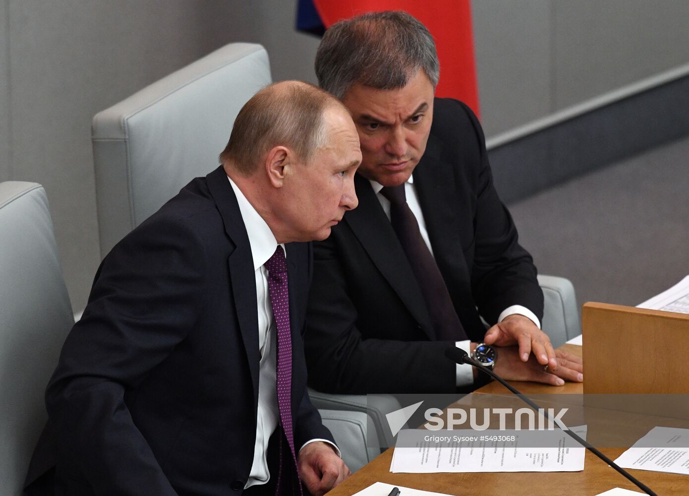 Russian President Vladimir Putin and candidate for Prime Minister Dmitry Medvedev attend State Duma plenary meeting