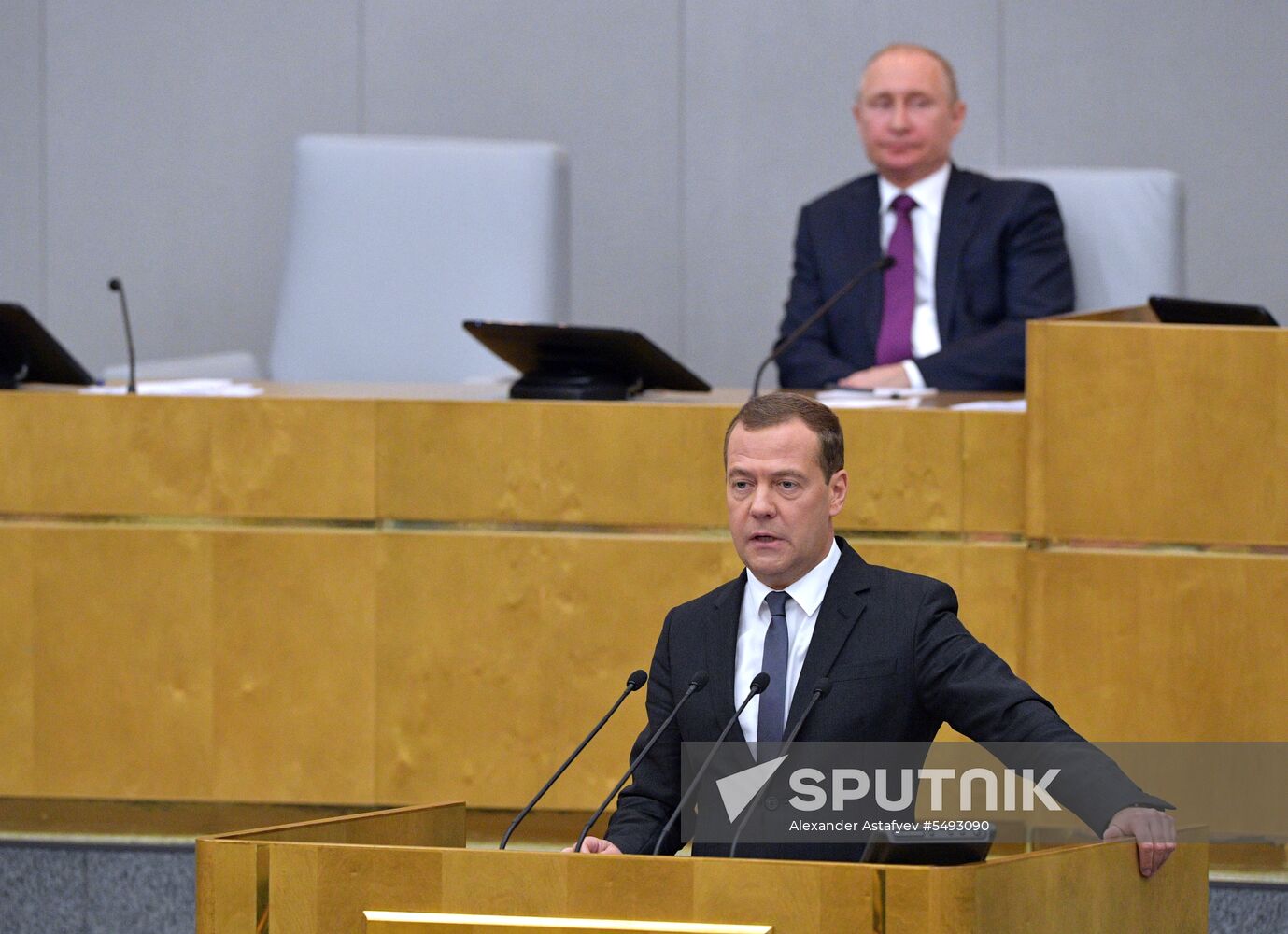 Russian President Vladimir Putin and candidate for Prime Minister Dmitry Medvedev attend State Duma plenary meeting