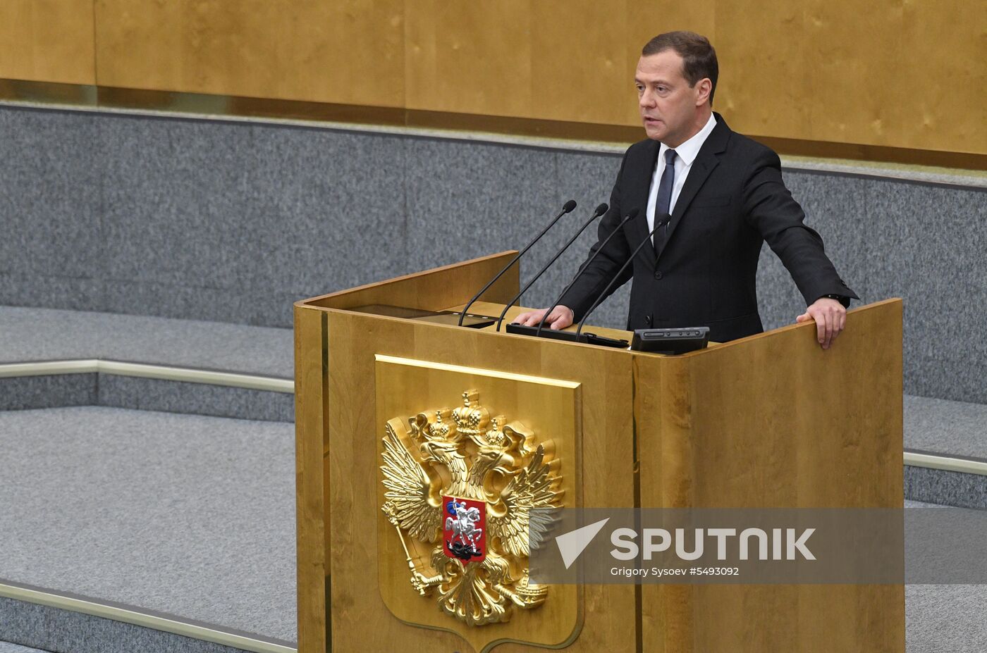 Russian President Vladimir Putin and candidate for Prime Minister Dmitry Medvedev attend State Duma plenary meeting