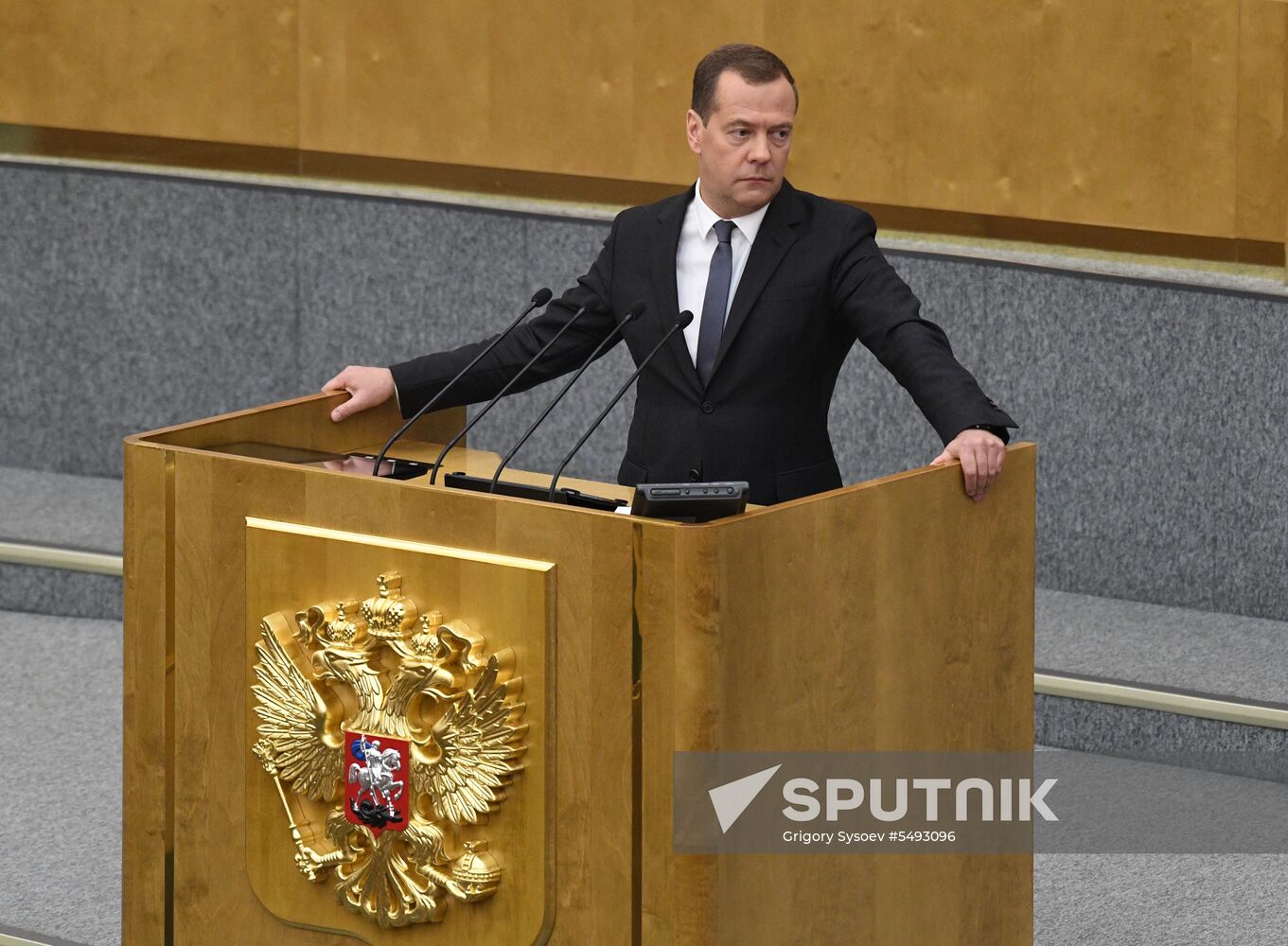 Russian President Vladimir Putin and candidate for Prime Minister Dmitry Medvedev attend State Duma plenary meeting