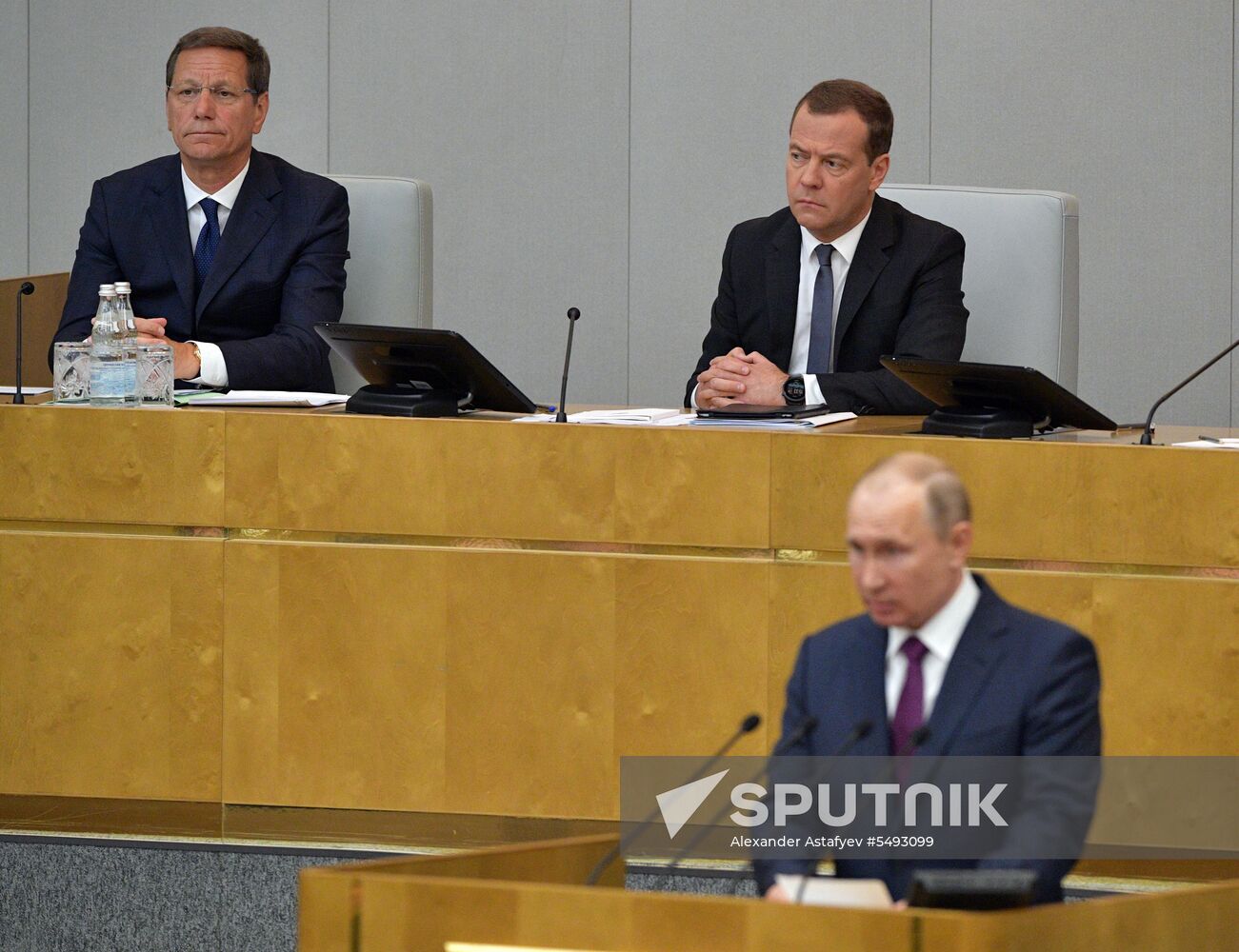 Russian President Vladimir Putin and candidate for Prime Minister Dmitry Medvedev attend State Duma plenary meeting