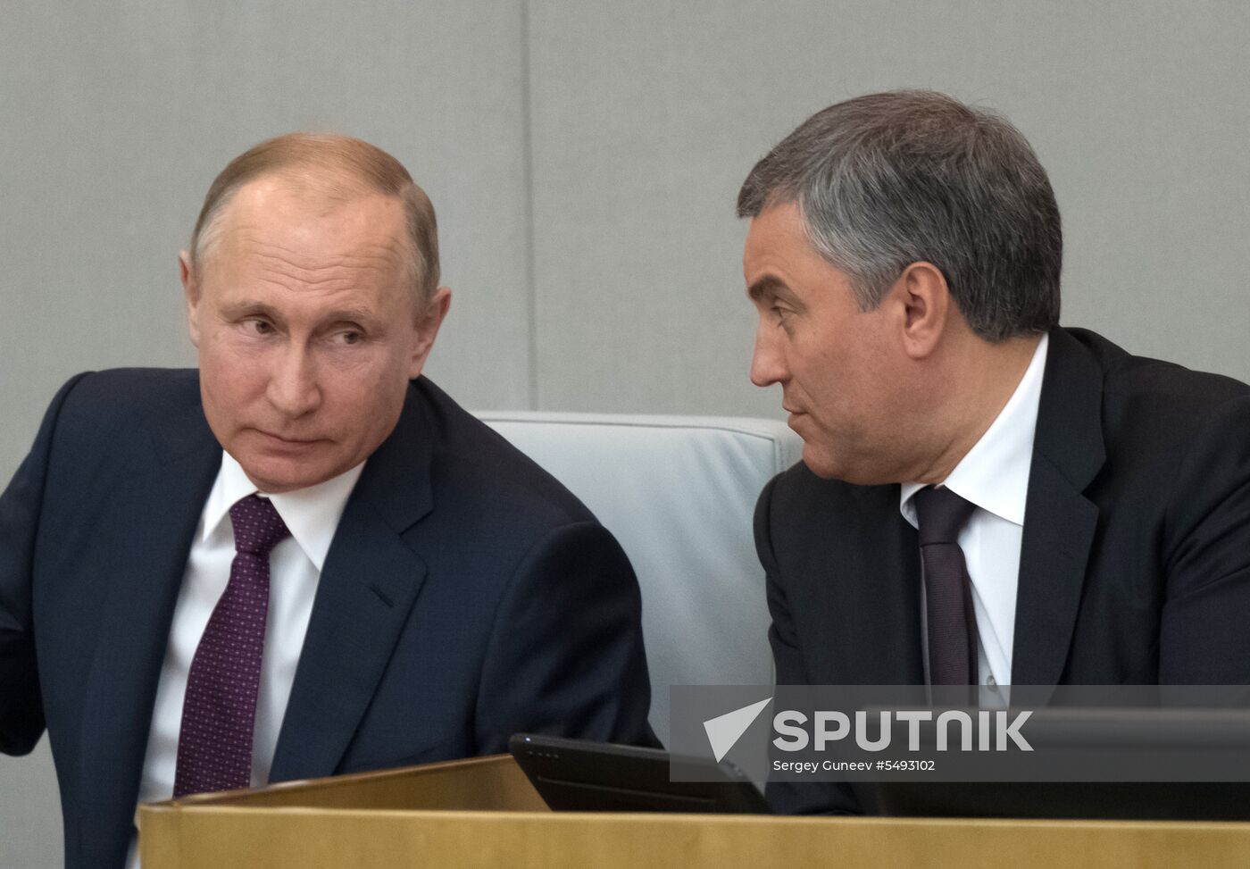 Russian President Vladimir Putin and candidate for Prime Minister Dmitry Medvedev attend State Duma plenary meeting