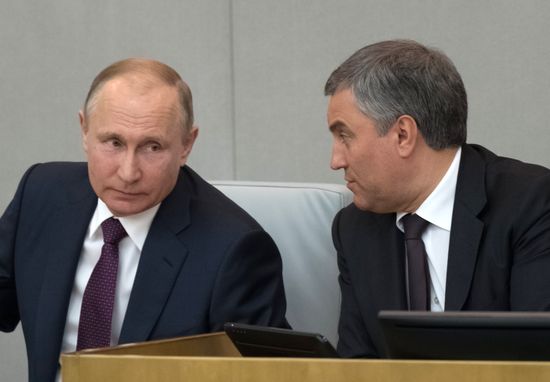 Russian President Vladimir Putin and candidate for Prime Minister Dmitry Medvedev attend State Duma plenary meeting