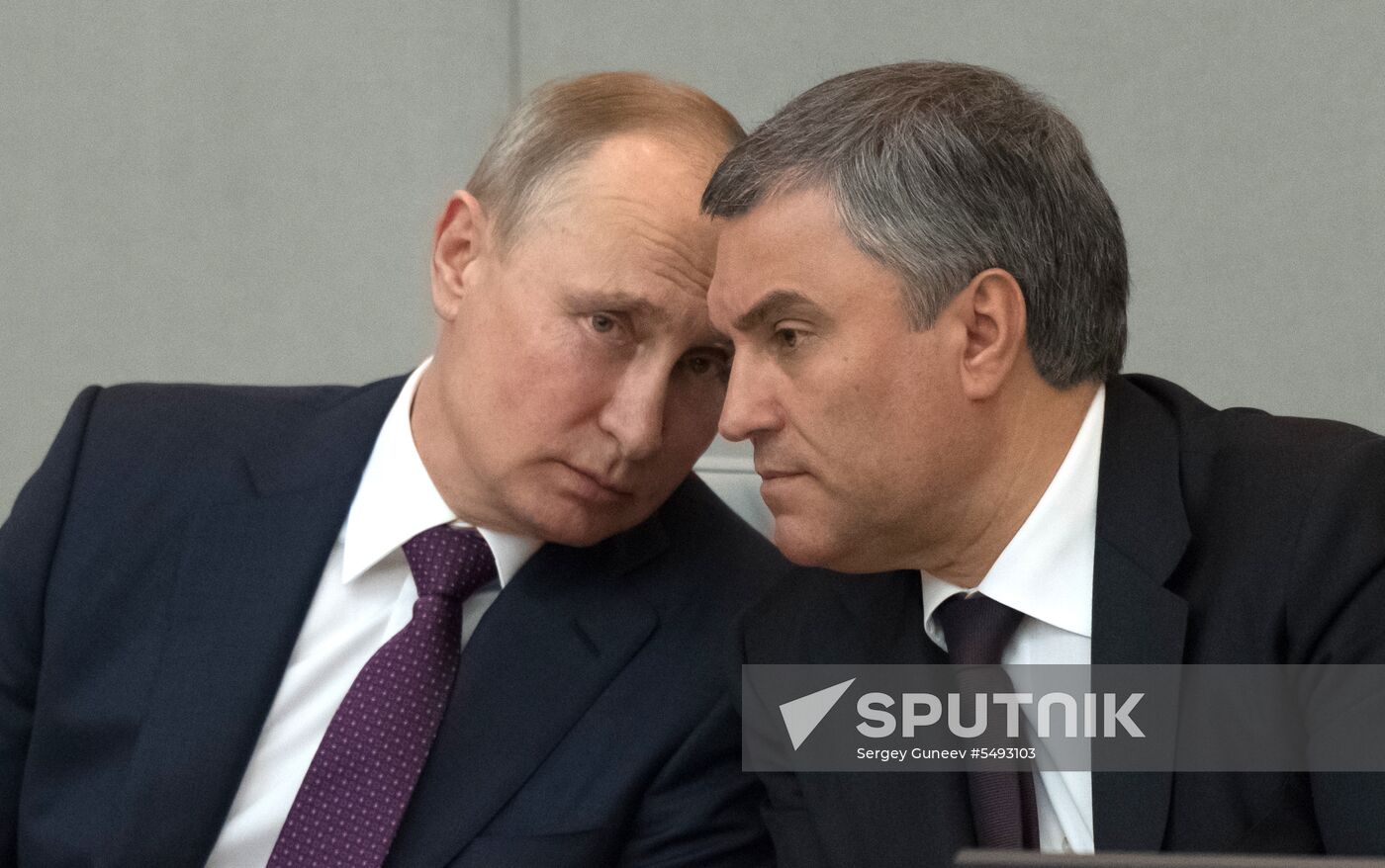Russian President Vladimir Putin and candidate for Prime Minister Dmitry Medvedev attend State Duma plenary meeting