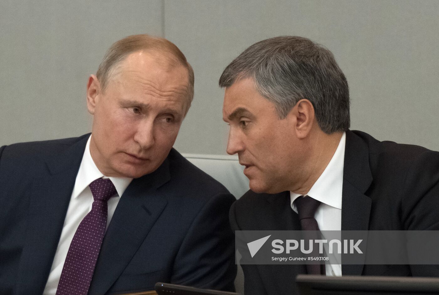 Russian President Vladimir Putin and candidate for Prime Minister Dmitry Medvedev attend State Duma plenary meeting