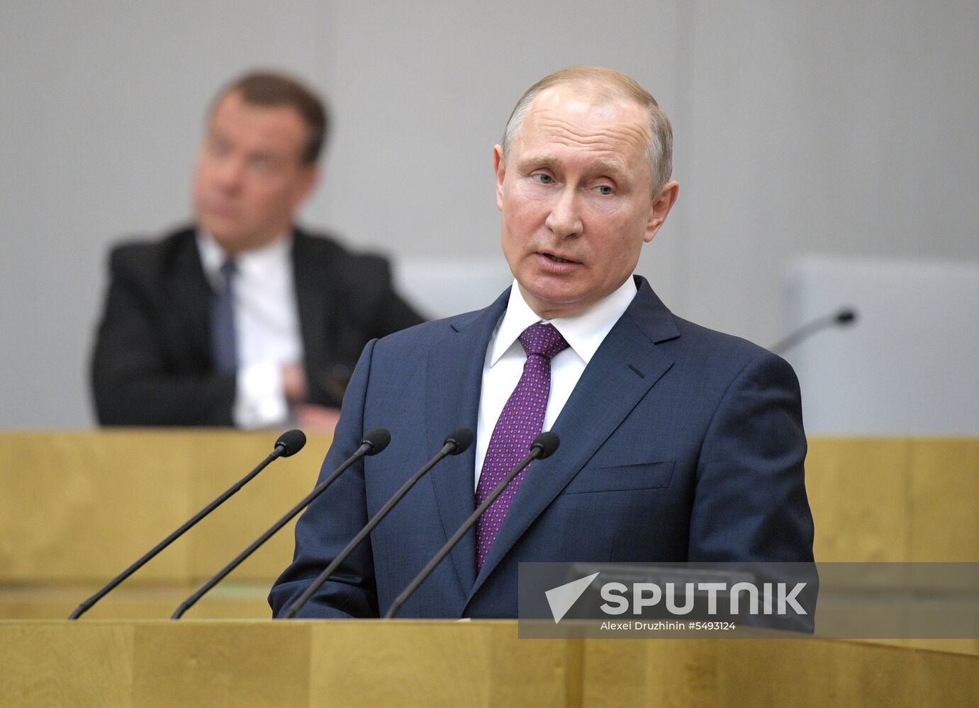 Russian President Vladimir Putin and candidate for Prime Minister Dmitry Medvedev attend State Duma plenary meeting