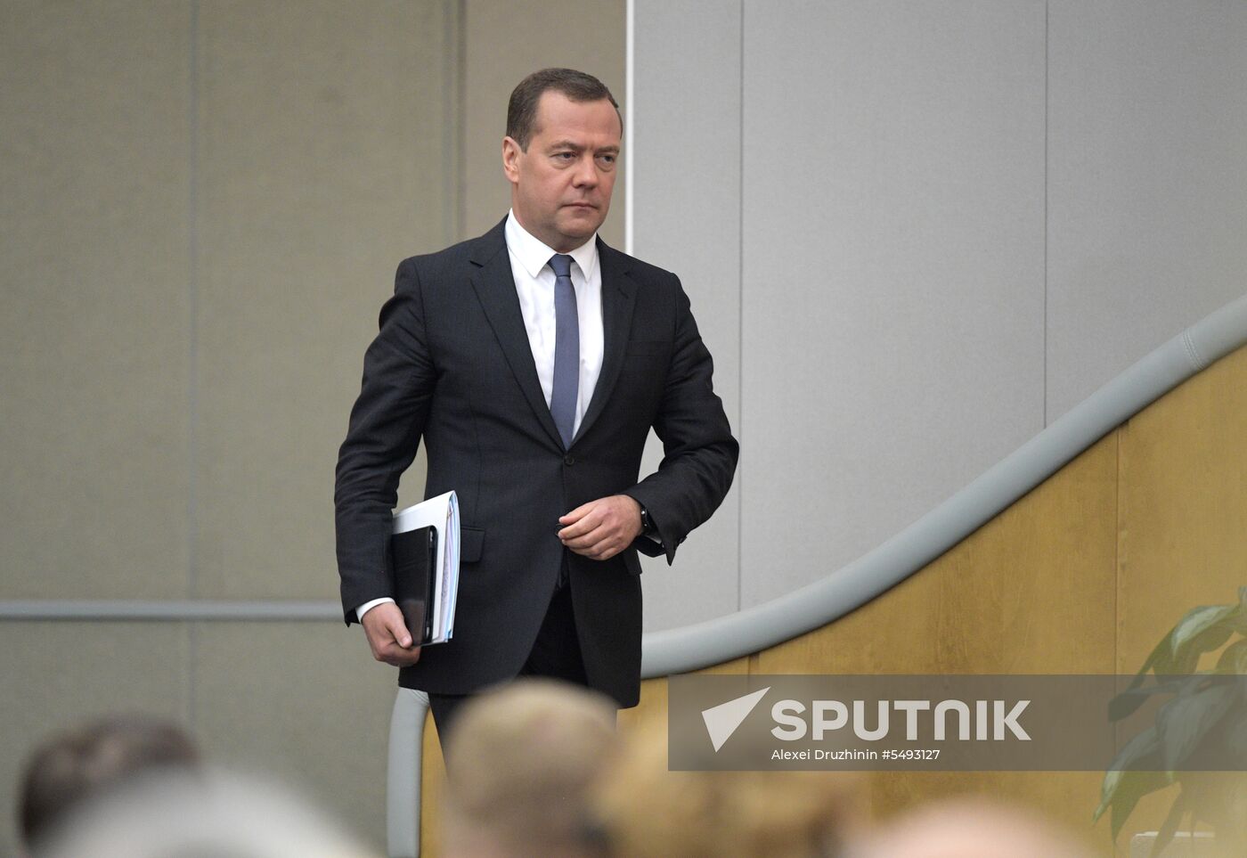 Russian President Vladimir Putin and candidate for Prime Minister Dmitry Medvedev attend State Duma plenary meeting