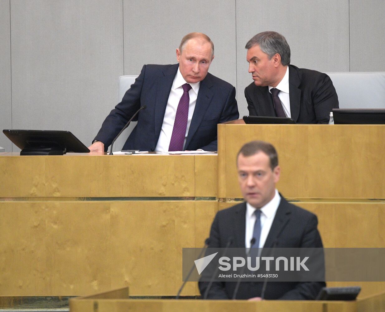 Russian President Vladimir Putin and candidate for Prime Minister Dmitry Medvedev attend State Duma plenary meeting