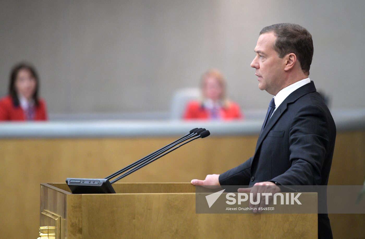Russian President Vladimir Putin and candidate for Prime Minister Dmitry Medvedev attend State Duma plenary meeting