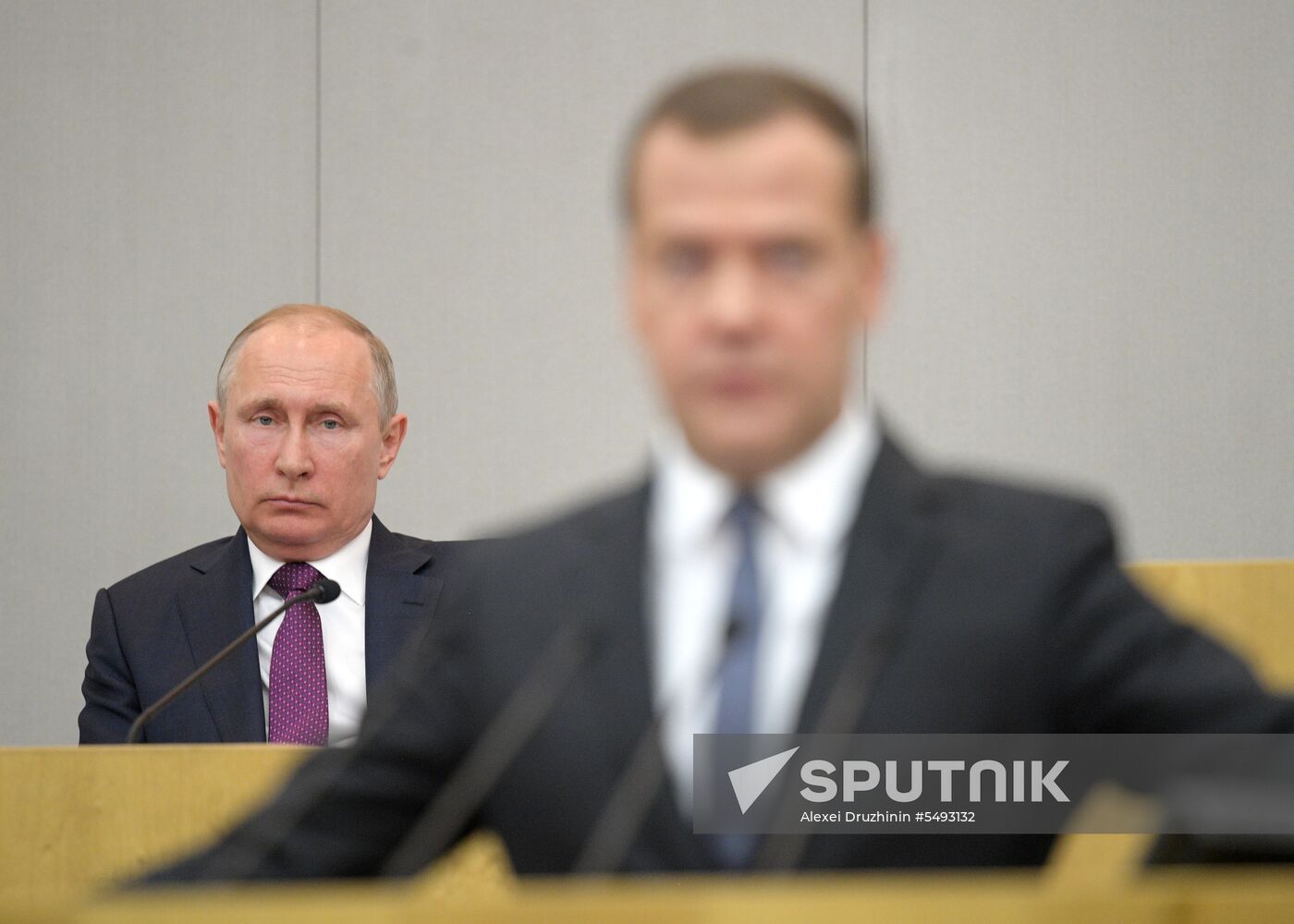 Russian President Vladimir Putin and candidate for Prime Minister Dmitry Medvedev attend State Duma plenary meeting