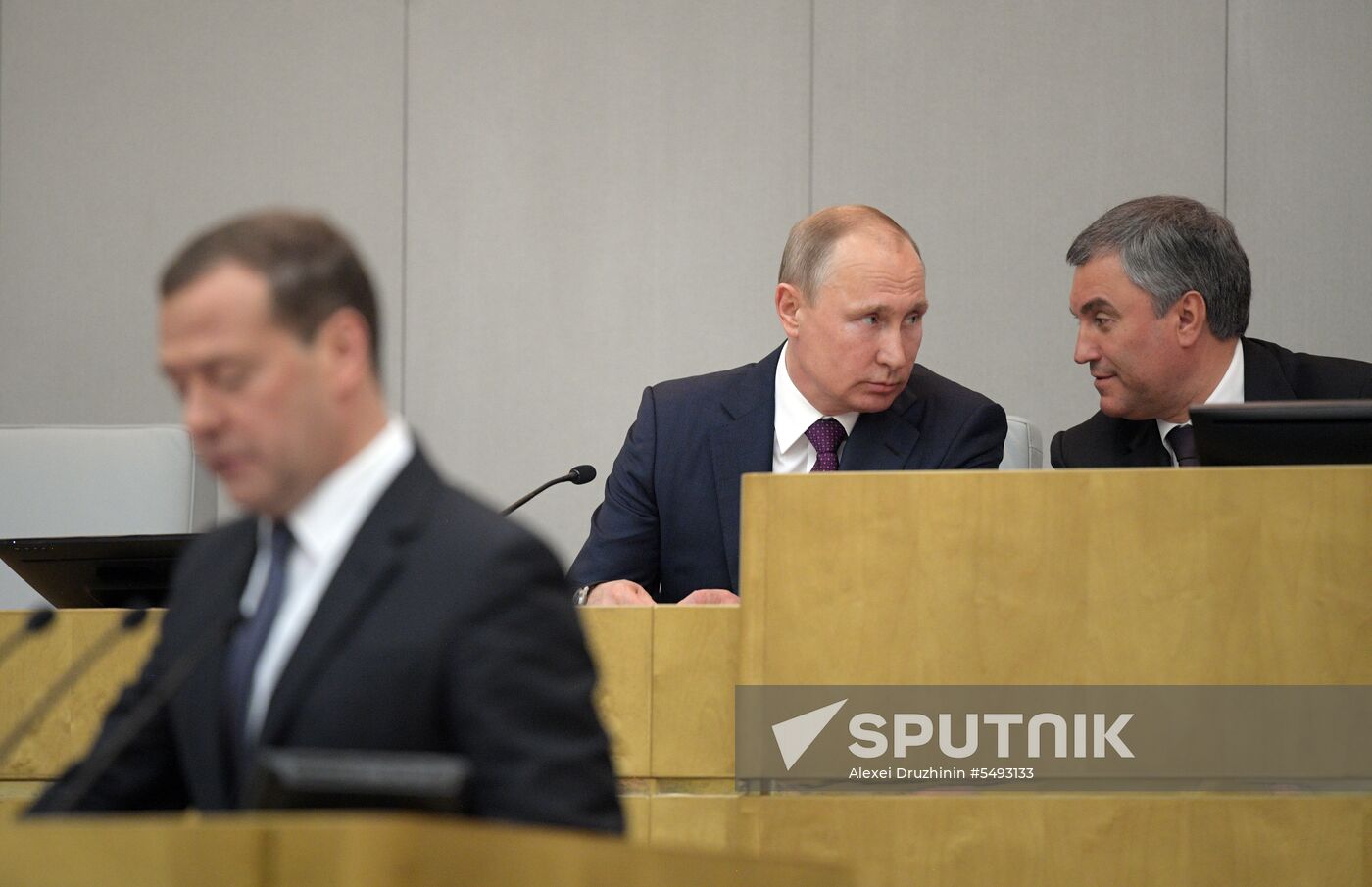 Russian President Vladimir Putin and candidate for Prime Minister Dmitry Medvedev attend State Duma plenary meeting