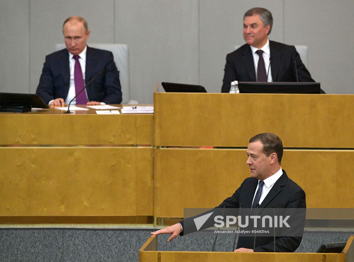 Russian President Vladimir Putin and candidate for Prime Minister Dmitry Medvedev attend State Duma plenary meeting
