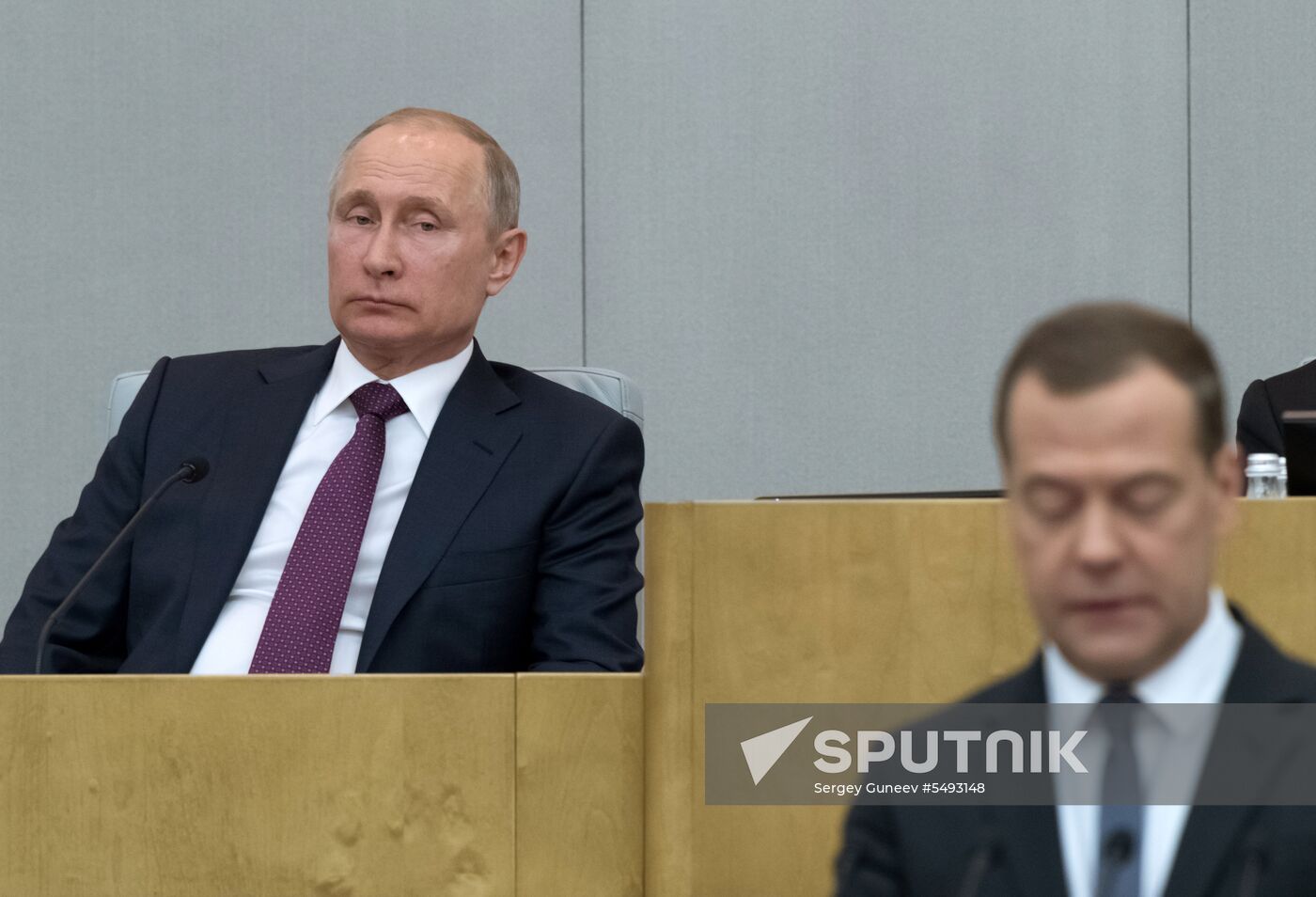 Russian President Vladimir Putin and candidate for Prime Minister Dmitry Medvedev attend State Duma plenary meeting