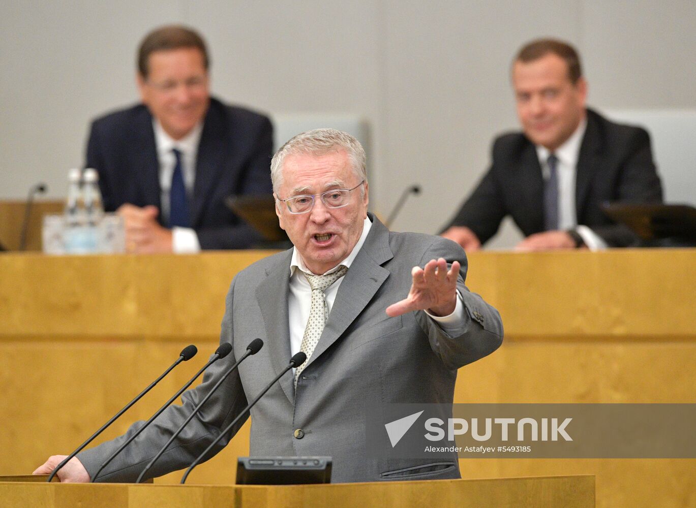 Russian President Vladimir Putin and candidate for Prime Minister Dmitry Medvedev attend State Duma plenary meeting